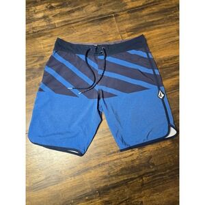 Volcom Mod-Tech Mens Blue Striped Board Shorts Swim Trunks Size 31 Navy